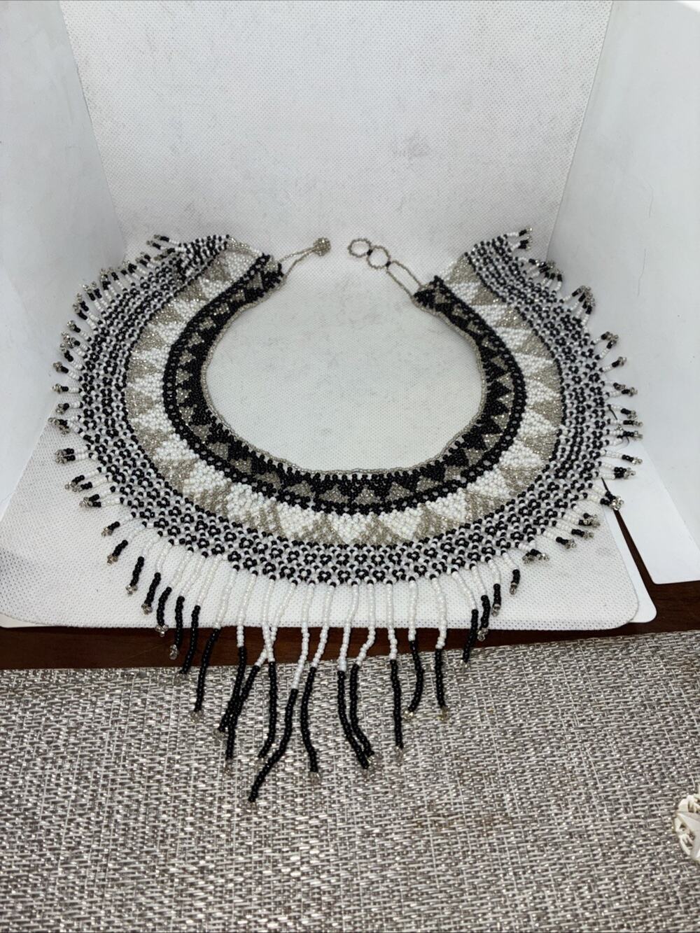 Hand Beaded Seed Beaded Collar Choker Necklace Fringe Black Silver White Boho